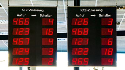 Nummerntafel in einer Kfz-Zulassungsstelle auf welcher die Nummern und Schalter angezeigt werden.