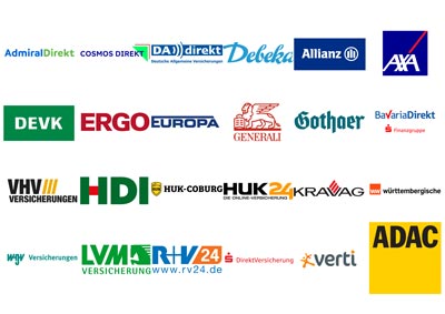 Logos zahlreicher Kfz-Versicherer, bei welchen die Kurzzeitkennzeichen Versicherung erworben werden kann.