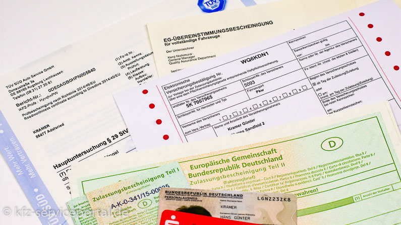 Unterlagen für die E-Kennzeichen-Beantragung: Zulassungsbescheinigung 1 und 2, EG-Übereinstimmungsbescheinigung, HU-Bericht, evb-Nummer, Personalausweis und EC-Karte.
